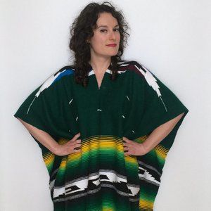 Vintage 70s Mexican Style SERAPE Poncho Cape in Green, Yellow & Black